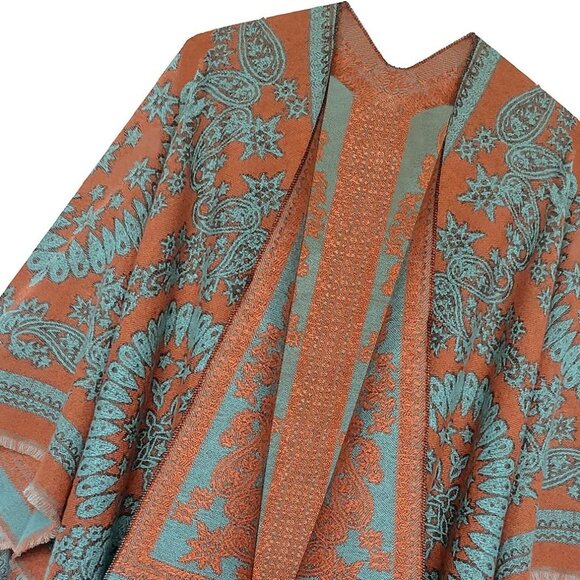 Women's Printed Tassel Open front Poncho Cape Cardigan Wrap Shawl - Picture 5 of 6